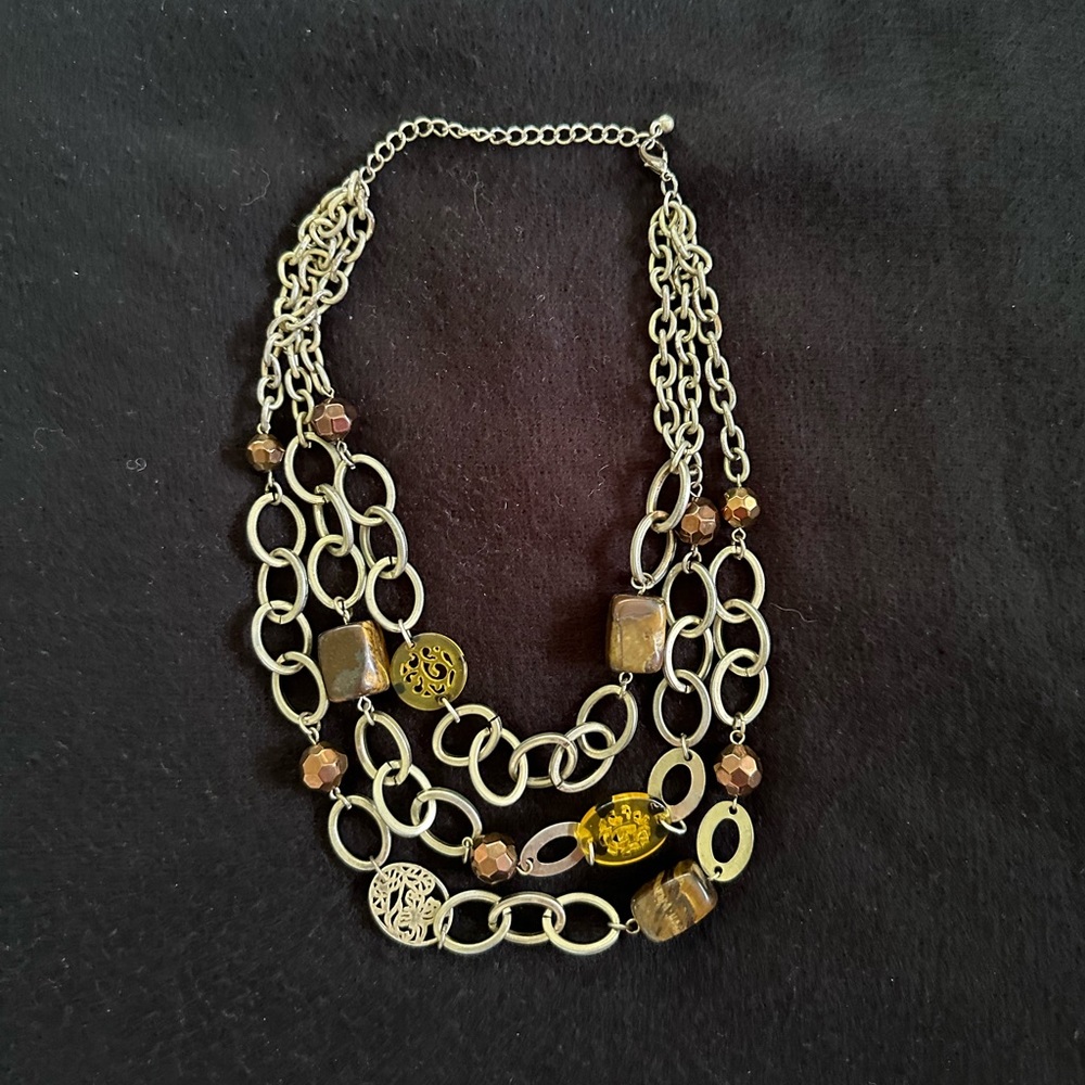 Tri-strand gold tone & mixed bead necklace. Overall 18 inches (shortest strand).